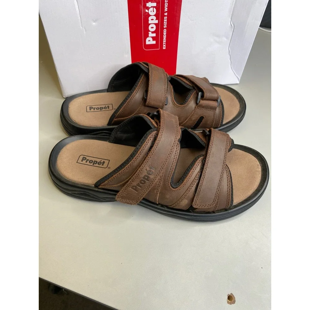 Propet Vero Mens Brown Leather Slide Sandals 12 XX 5E Extra Wide MSV003L